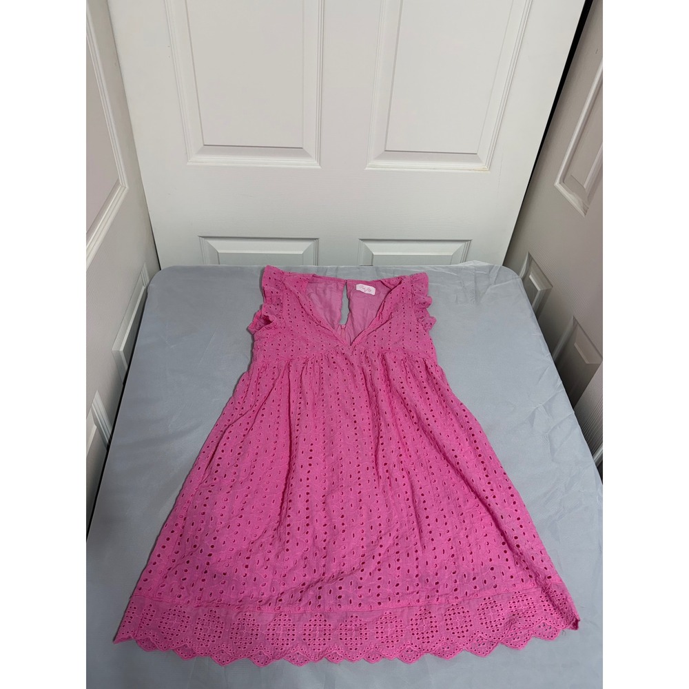 Pink Lily Eyelet Mini Dress Womens Small Pink Ruffle V-Neck Scalloped Hem Summer